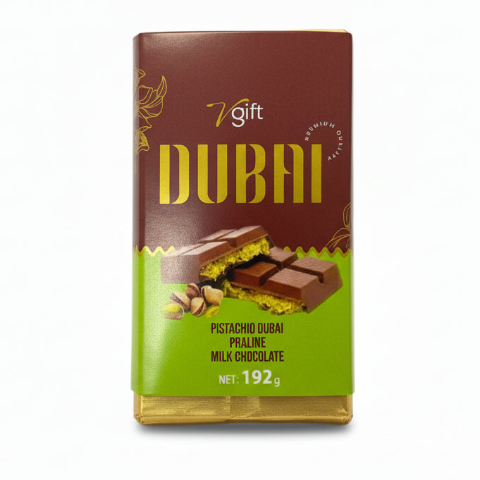 V - Gift Pistachio Praline Dubai Chocolate Bar – Crispy & Nutty Delight 192g - TryAladdin