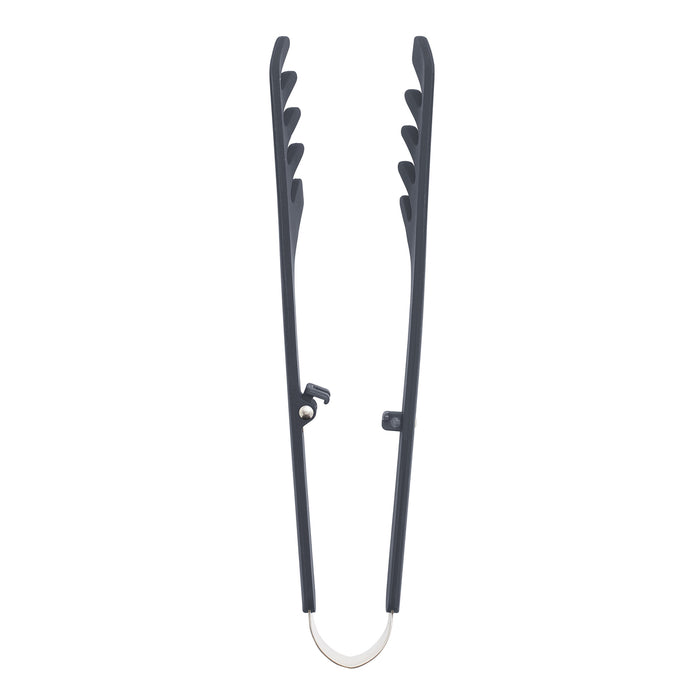 Gray silicone pasta tongs with ridged, heat-resistant edges.