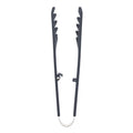 Gray silicone pasta tongs with ridged, heat-resistant edges.