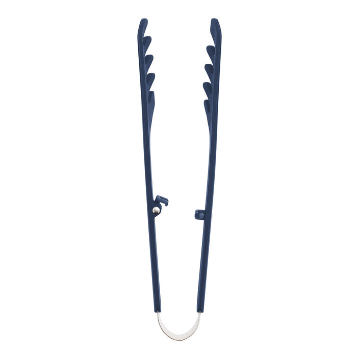 Navy silicone pasta tongs with a locking mechanism, standing upright on a white background.