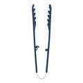 Navy silicone pasta tongs with a locking mechanism, standing upright on a white background.