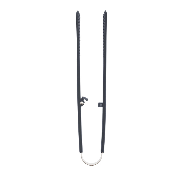 Gray silicone kitchen tongs with a locking handle, shown closed against a white background.