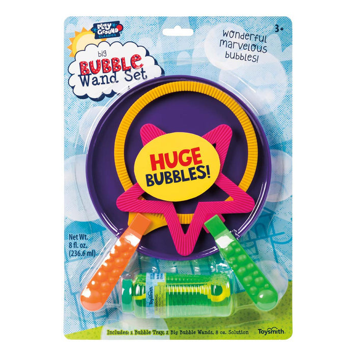The Playground Classics Big Bubble Set features two colorful wands, a bubble tray, and bubble solution—ideal for outdoor play. Packaged with a bright "HUGE BUBBLES!" starburst from Playground Classics against a blue bubble background.