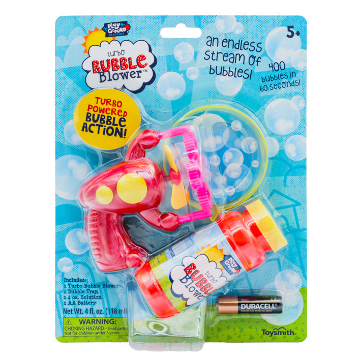 The Playground Classics Turbo Bubble Blower by Playground Classics includes a red and blue blower, bubble solution, and battery. Blasts 400 bubbles in 60 seconds! Ideal for outdoor fun. For ages 5+. Comes packaged for easy gift-giving.