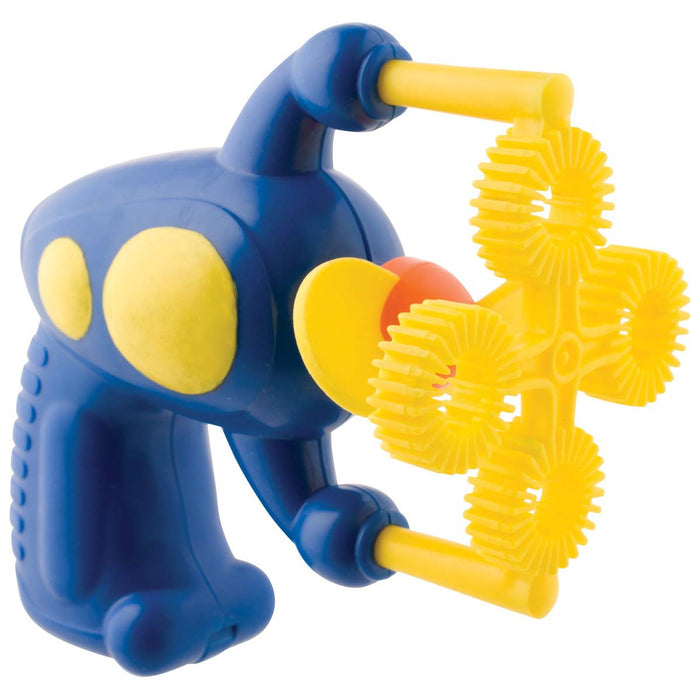 The Playground Classics Turbo Bubble Blower features a blue handle, yellow accents, and four yellow bubble wands, making it perfect for backyard play and creating streams of soap bubbles.