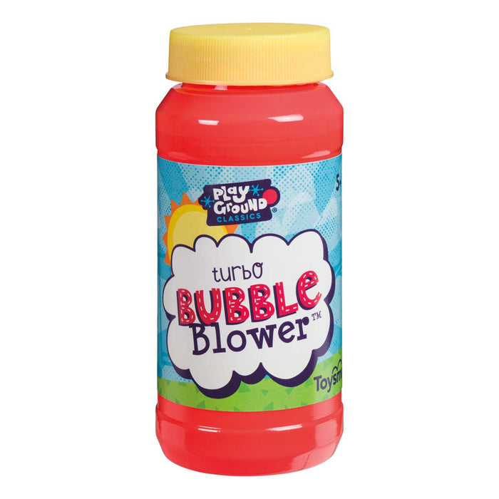 A red bottle of Playground Classics Turbo Bubble Blower bubble solution with a yellow cap and blue label bursting with playful text, sun, and bubbles—ideal for endless backyard fun with this classic bubble toy from Playground Classics.