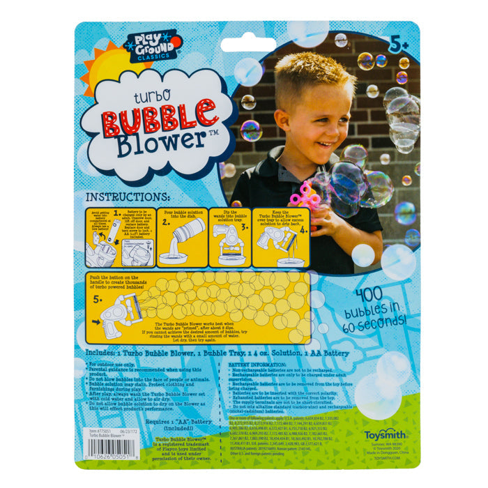 The Playground Classics Turbo Bubble Blower package features a smiling child playing with bubbles, vibrant graphics, and clear step-by-step instructions. Designed by Playground Classics for ages 5 and up.