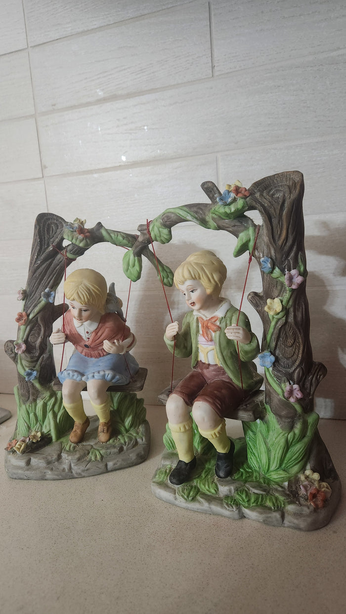 Porcelain Bisque Figurines - Boy and Girl on Swings Set (24cm)