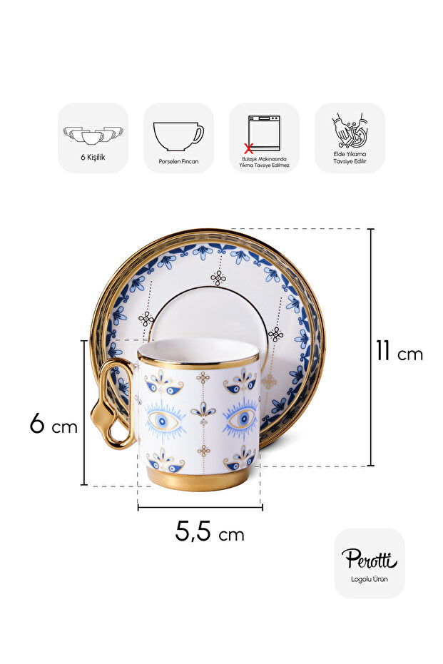 Porcelain Evil Eye Pattern Coffee Cup Set - 6 Person