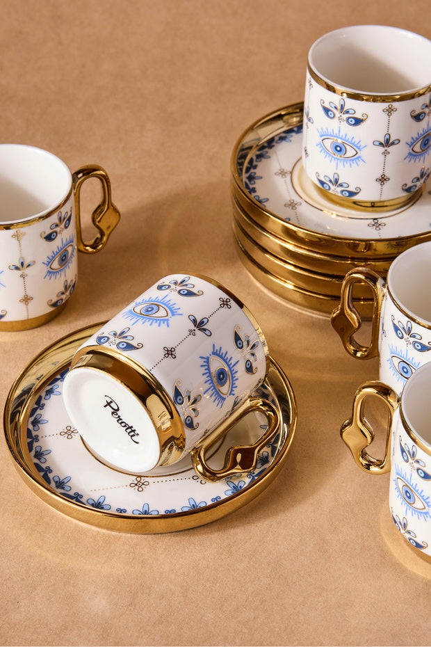 Porcelain Evil Eye Pattern Coffee Cup Set - 6 Person