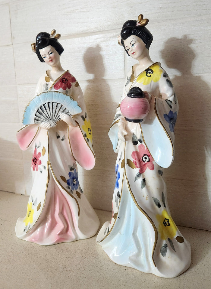 Porcelain Geisha Figures Pair - Japanese Women in Kimono
