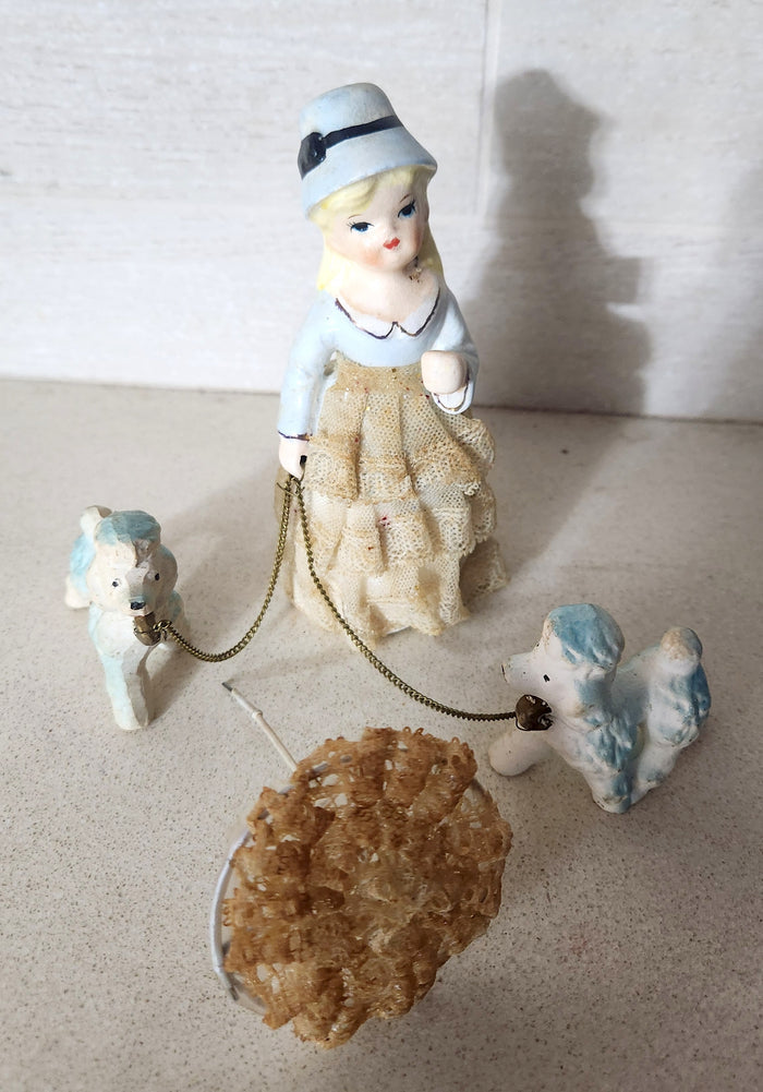 Porcelain Lady Walking Poodles with Umbrella Figurine