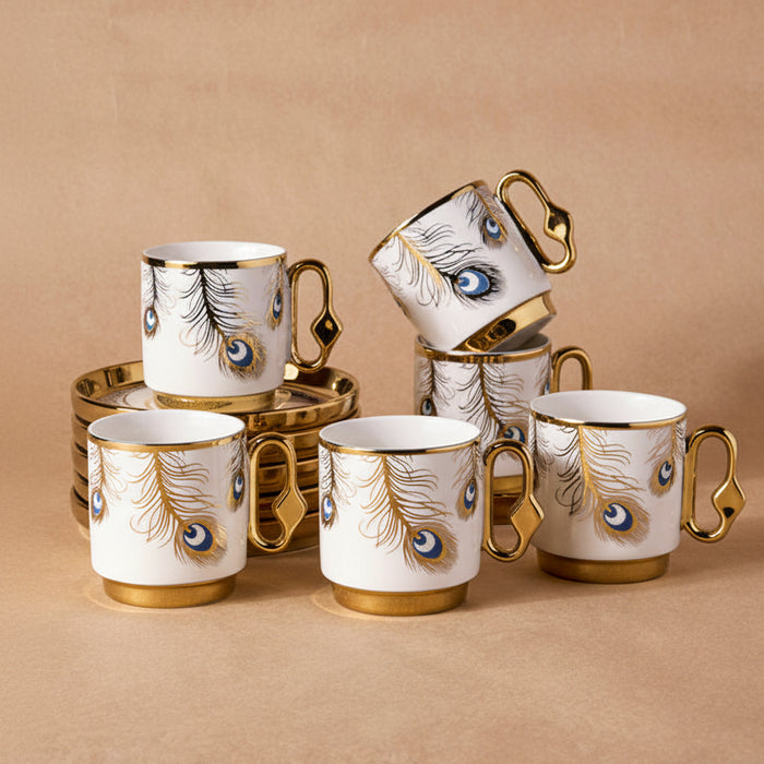 Porcelain Peacock Pattern Coffee Cup Set for 6 People