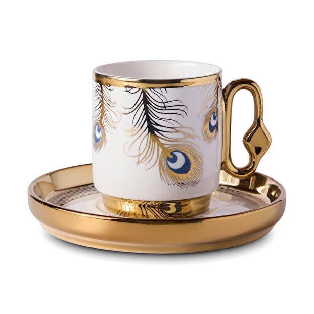 Porcelain Peacock Pattern Coffee Cup Set for 6 People