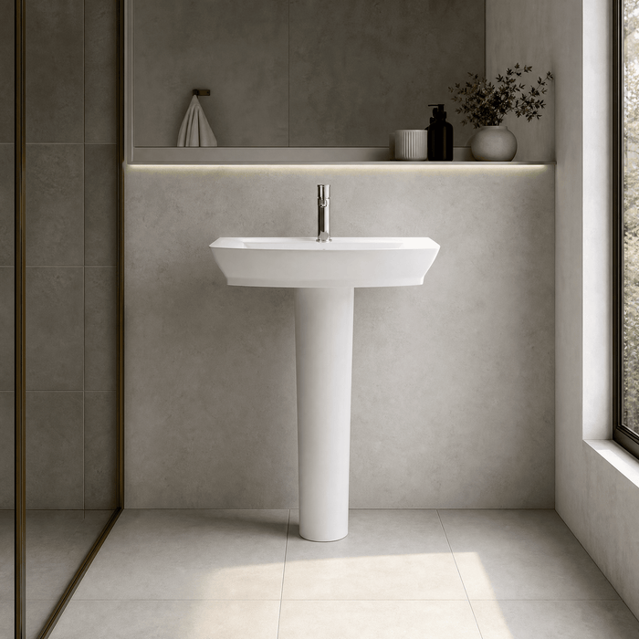 [BCSP002] Porthill Contemporary Ceramic Square Basin with Full Pedestal, Choice of Basin Size