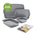 Gray ceramic nonstick 4-piece bakeware set with included cookbook and a green Best Selling Award Winner badge.
