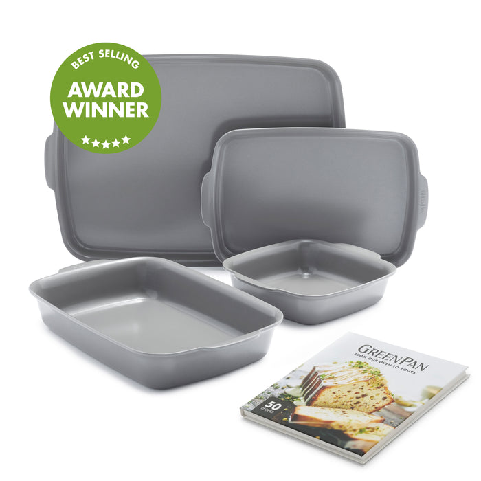 Gray ceramic nonstick 4-piece bakeware set with included cookbook and a green Best Selling Award Winner badge.