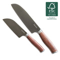 Two titanium Santoku knives with walnut handles next to the FSC responsible forestry logo.