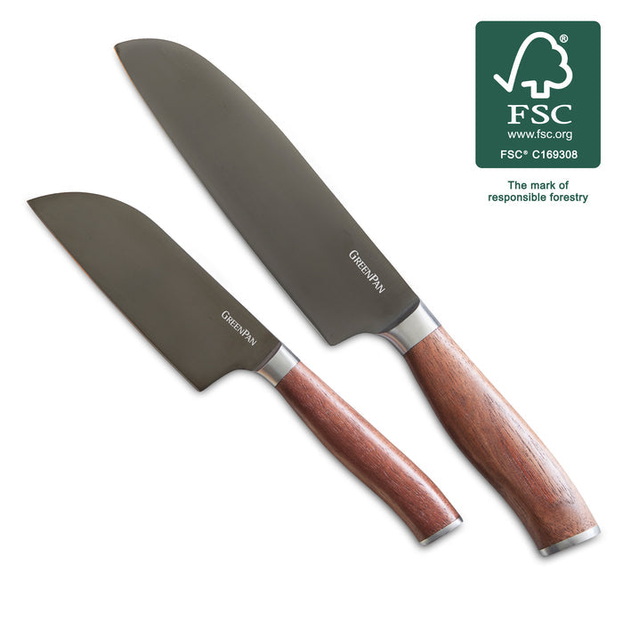 Two titanium Santoku knives with walnut handles next to the FSC responsible forestry logo.