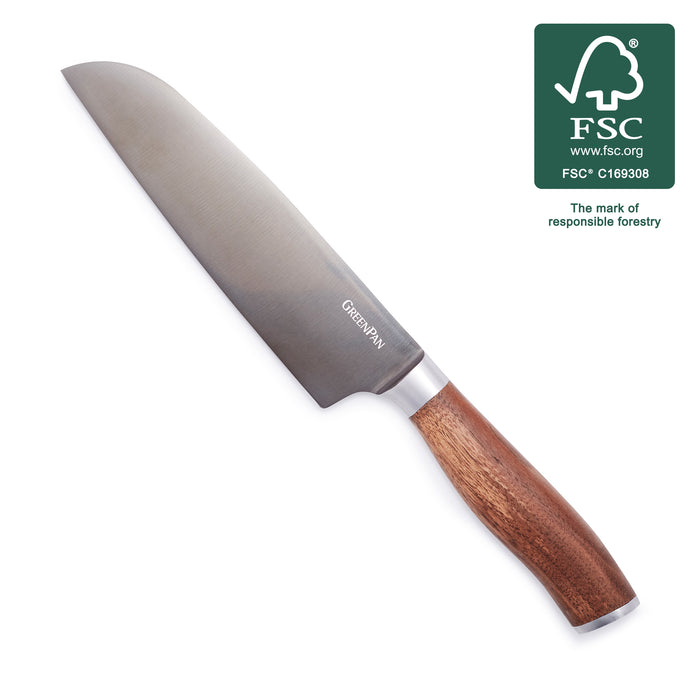Santoku knife with a walnut handle; FSC logo appears in the top right corner.