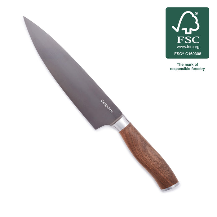 8-inch chefs knife with a walnut handle and hand-sharpened blade, FSC logo in the top right corner.