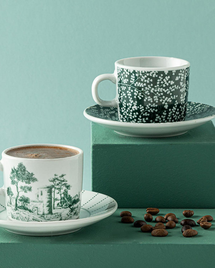 Premium Dark Green Porcelain Turkish Coffee Set - 2 Person 4 Piece