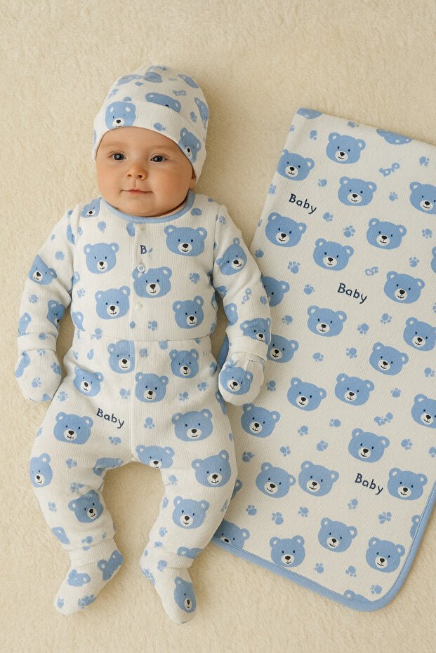 Premium Newborn Blue Bear Cotton Layette Set - 6 - Piece Kit - TryAladdin