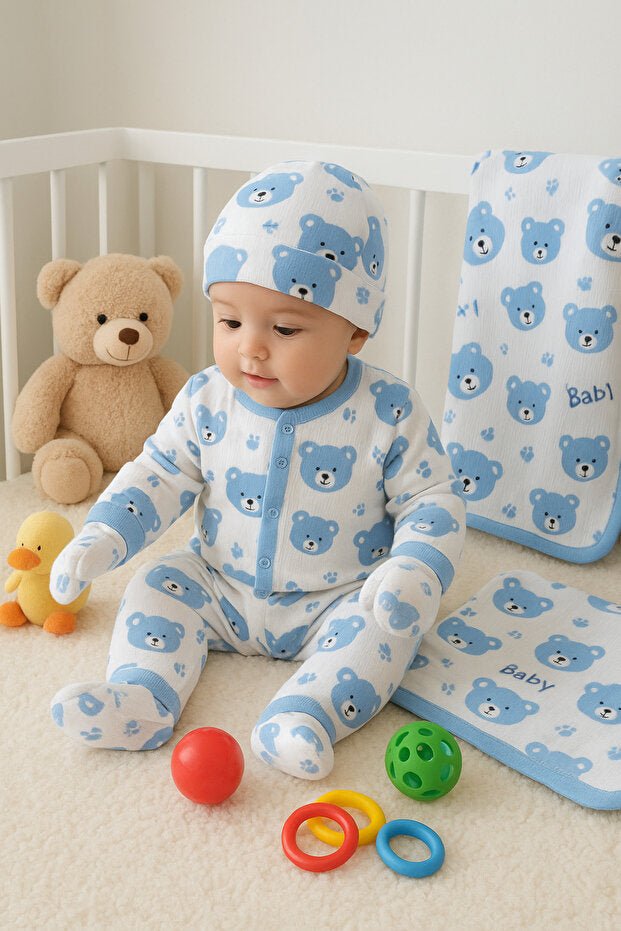 Premium Newborn Blue Bear Cotton Layette Set - 6 - Piece Kit - TryAladdin