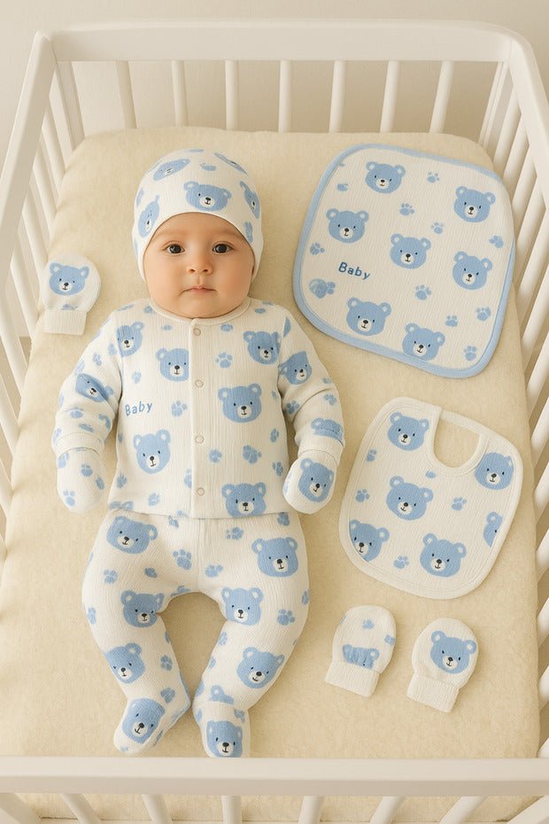 Premium Newborn Blue Bear Cotton Layette Set - 6 - Piece Kit - TryAladdin