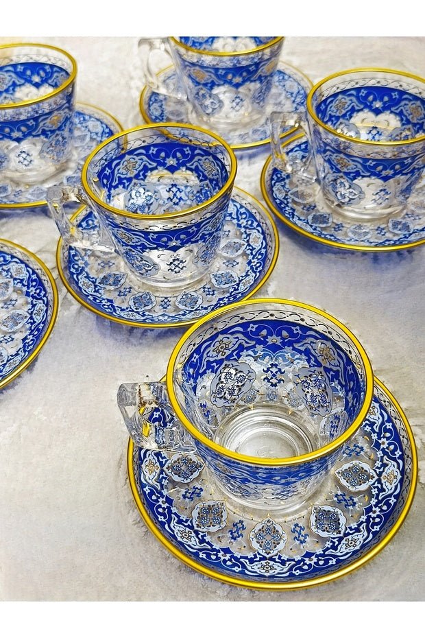 Premium Pasabahce Gold Blue Turkish Coffee Tea Cup Set - 195ml (12 - Piece) - TryAladdin