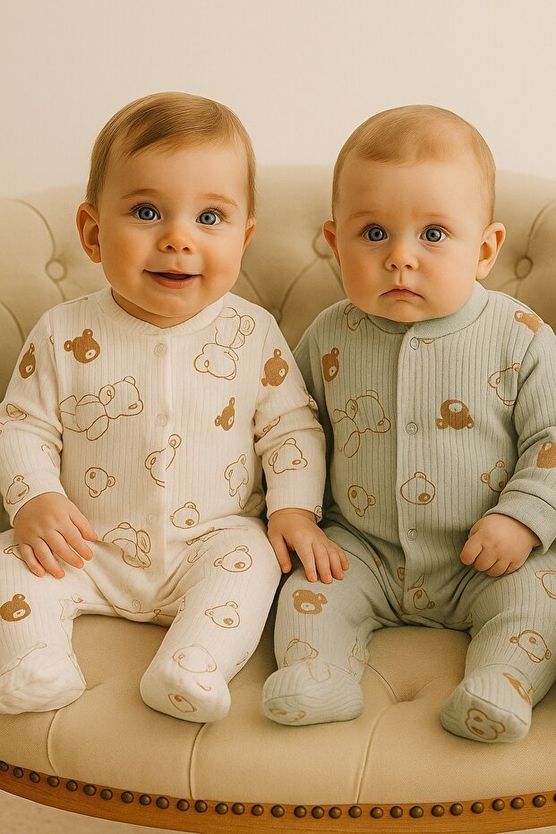 Professional 100% Cotton Footed Newborn Romper Set - Bear Pattern - 2 - Piece - 0 - 6 Months - TryAladdin