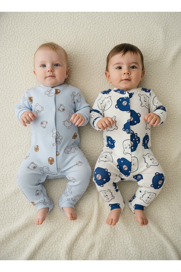 Professional Organic Cotton Baby Romper Set - Blue Bear Pattern - Newborn Infant 2 - Pack - TryAladdin