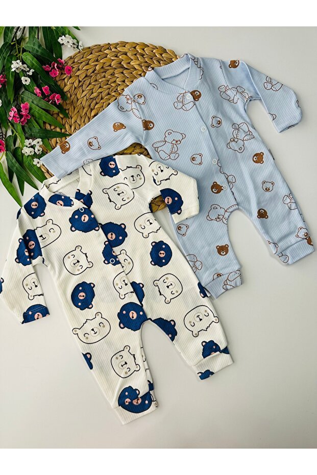 Professional Organic Cotton Baby Romper Set - Blue Bear Pattern - Newborn Infant 2 - Pack - TryAladdin