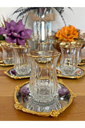 Professional Turkish Tea Set - 12 Piece Silver & Gold Glassware - 6 Person Service