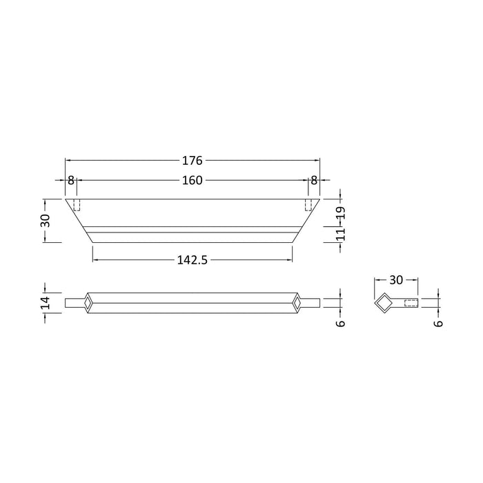 [BFHH201] Profile Handle, Choice of Size & Finish - Technical Drawing