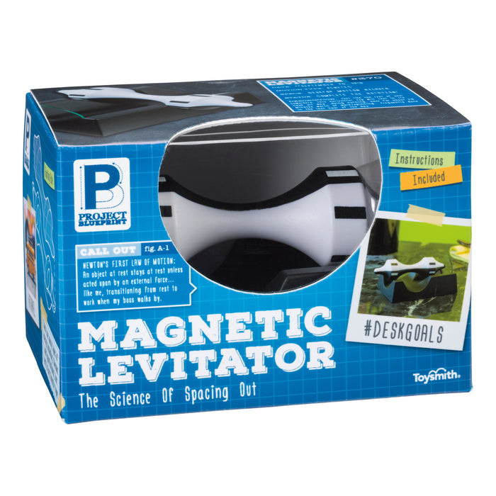 The Project Blueprint Magnetic Levitator by Project Blueprint is a boxed science kit featuring a white and black levitating object, blue accents, and included instructions—an ideal magnetic desk toy and science gift for curious minds.