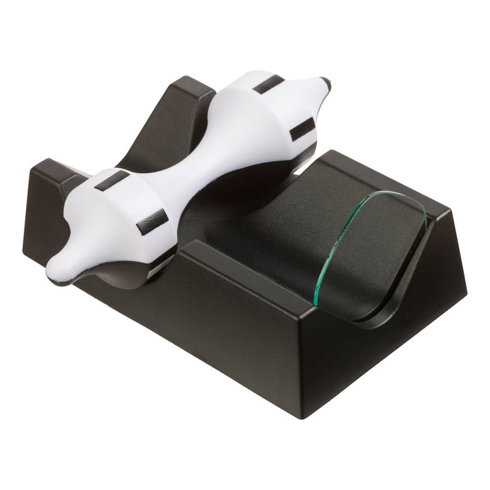 The Project Blueprint Magnetic Levitator by Project Blueprint features a white and black rook chess piece floating horizontally above a sleek black stand with a curved clear panel—a unique magnetic desk toy and science gift.