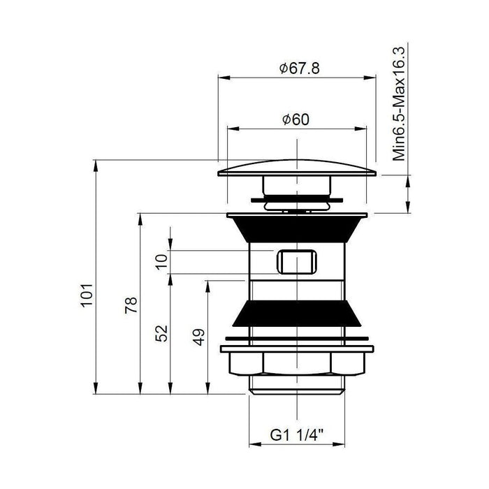 [BWER807] Push Button Basin Waste Slotted - Technical Drawing