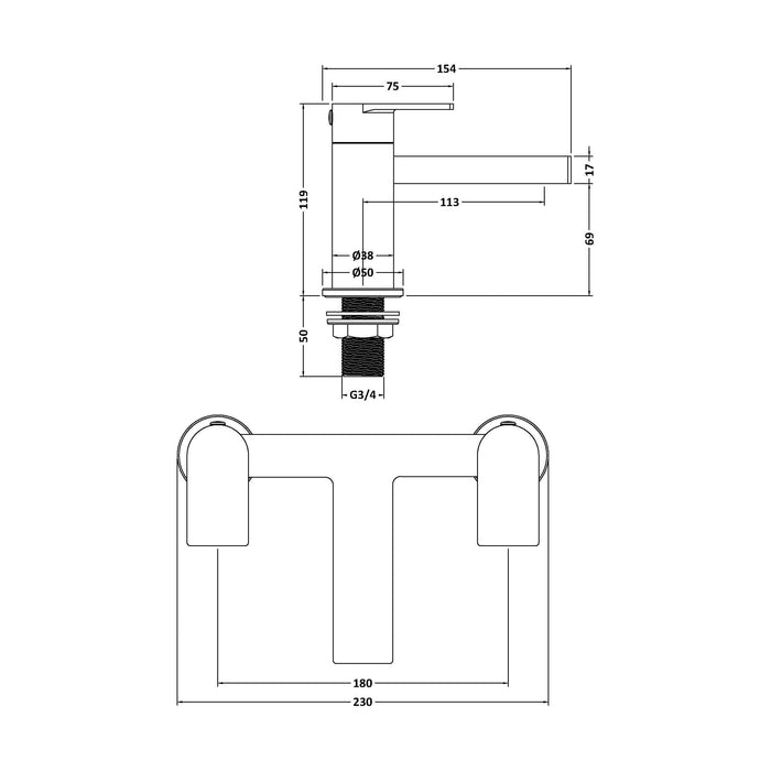 [BTD303] Ranton Contemporary Deck Mounted Bath Filler Tap, Choice of Colour - Technical Drawing