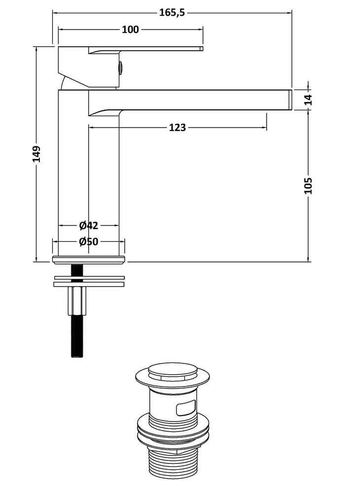 [BTD405] Ranton Contemporary Mono Basin Mixer Tap and Push Button Waste, Choice of Colour - Line Drawing