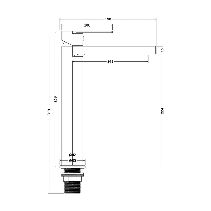 [BTD370] Ranton Contemporary Tall Mono Basin Mixer Tap, Choice of Colour - Technical Drawing