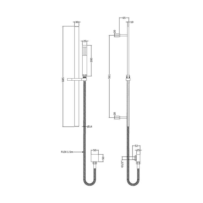 [BSSR3167] Rectangular Slider Rail Kit with Outlet Elbow - Chrome - Technical Drawing
