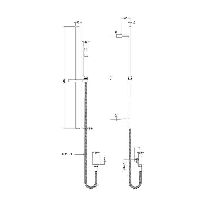 [BSSR7167] Rectangular Slider Rail Kit with Outlet Elbow - Matt Black - Technical Drawing