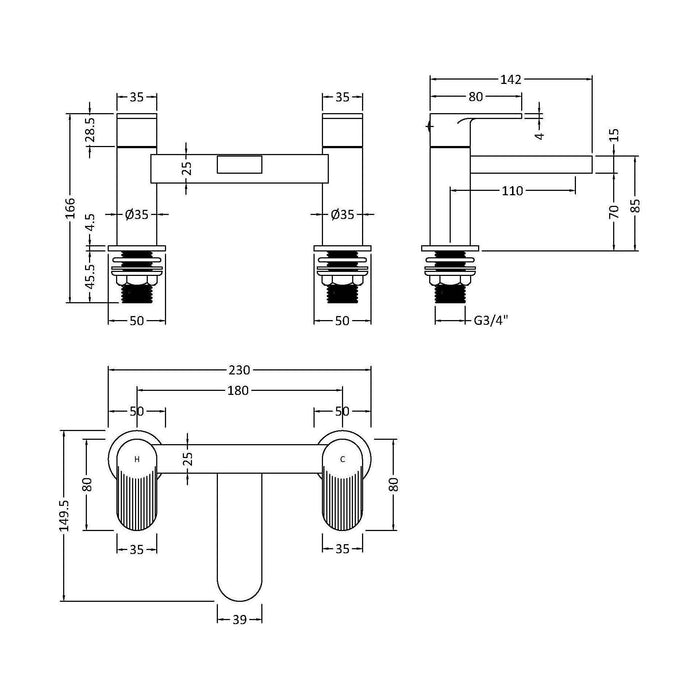 [BTCU403F] Riley Hill Bath Mixer Tap - Choice of Colour - Technical Drawing