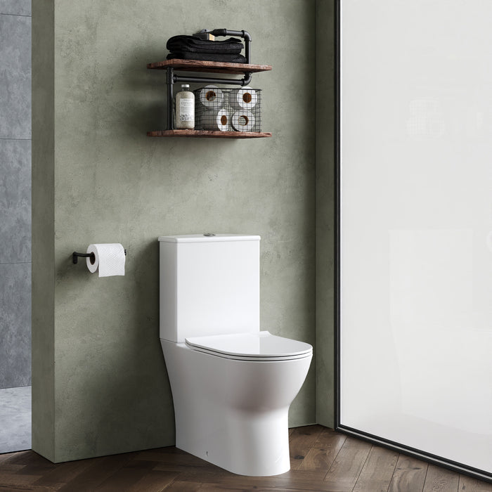 [BCQU850] Rimless Flush to Wall Close Coupled Toilet Pan, Cistern & Soft Close Sandwich Seat - 806mm x 375mm x 612mm - Lifestyle 3