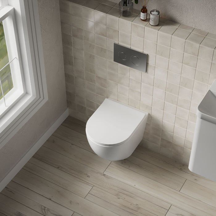 [BCQU340] Rimless Wall Hung Toilet Pan & Soft Close Sandwich Seat - 360mm x 360mm x 482mm - Lifestyle 2