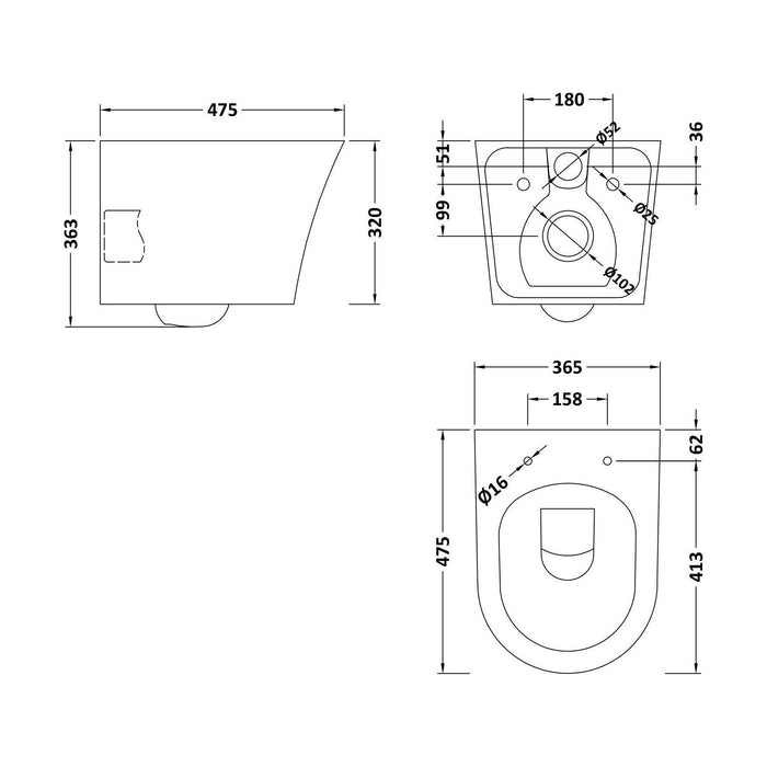 [BCQU341] Rimless Wall Hung Toilet Pan & Soft Close Sandwich Seat - 363mm x 365mm x 475mm - Technical Drawing