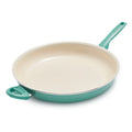 Turquoise ceramic frypan with cream interior, stay-cool grip, and two handles. 13.5-inch size.