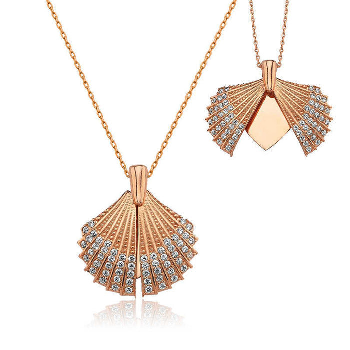 Rose Gold Plated Seashell Locket Necklace - Cubic Zirconia Dainty Design