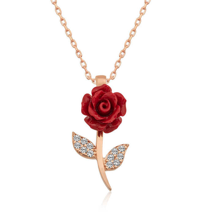 Rose Gold-Tone Red Rose Necklace - Dainty Floral Cubic Zirconia Pendant